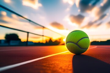 wide angle close up photograph of tennis ball on court during sunset competitive individual sports