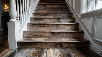 Staircase with wood-look beige vinyl flooring, white walls, and dark brown handrail