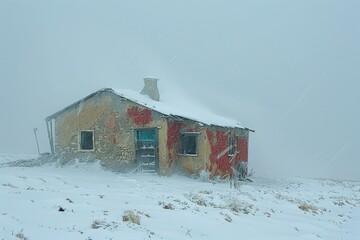 An arab house is sheltered under a roof as a winter storm rages