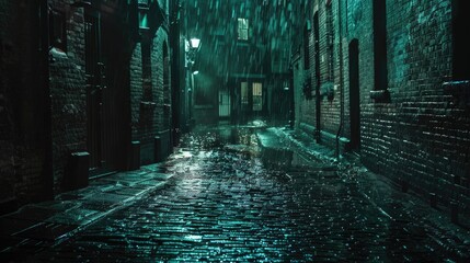 Back alleys of cobblestone streets on an empty, rain-soaked night