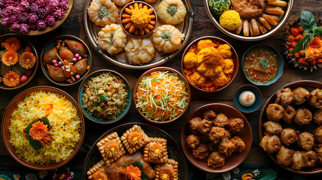 A festive Diwali spread with a variety of sweets and snacks, beautifully arranged on a table