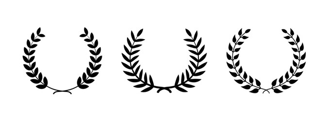 Circular laurel foliate . Set of black circular foliate laurels branches. Vector black laurels set. Emblem floral greek branch flat style