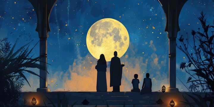 Back view of muslim family view moon islamic ramadan mubarak night, eid greetings, chand raat mubarak