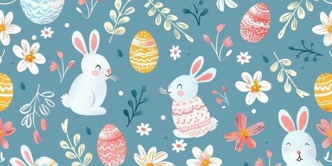 Background Easter egg spring bunny happy rabbit flower seamless cute. Egg Easter background floral wallpaper illustration design
