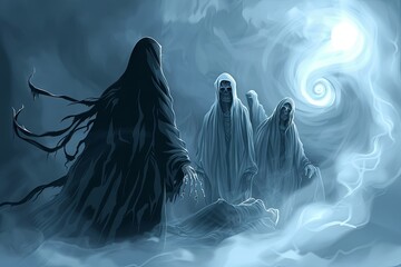Mysterious ghostly figures in eerie blue night