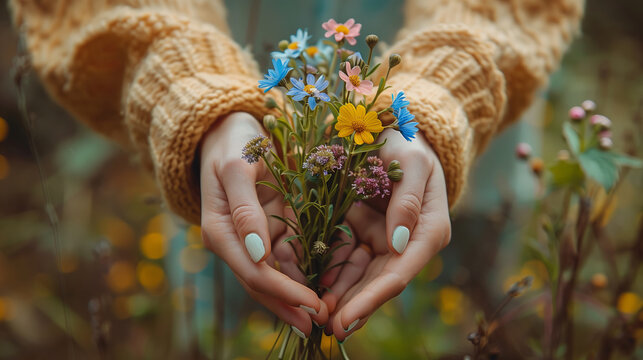A close-up shot of two hands with mismatched nail polish colors holding a small bouquet of wildflowers