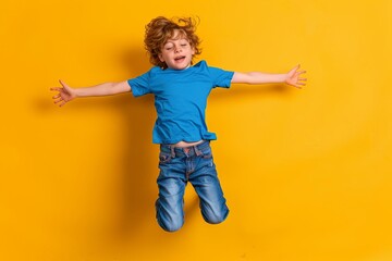 full body funky small child blue tshirt jeans flying look down empty space vibrant yellow background energetic dynamic playful carefree childhood imagination joy 