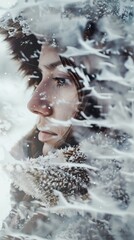 Feeling cold illustrated by a person wrapped in warm clothes with visible breath in the air close up, winter, realistic, Double exposure, snowy backdrop