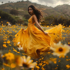 Una modelo española morena con un vestido amarillo se balancea en un columpio en un campo de...