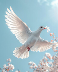 Fototapeta premium a dove flying with carrying small trunk leaves in its mouth, clear blue sky with a bit of clouds as the background, clean sharp focus, detailed