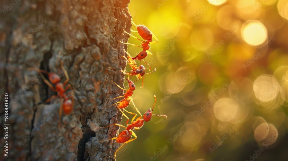 Poster ants working together to move a piece of food up a tree trunk