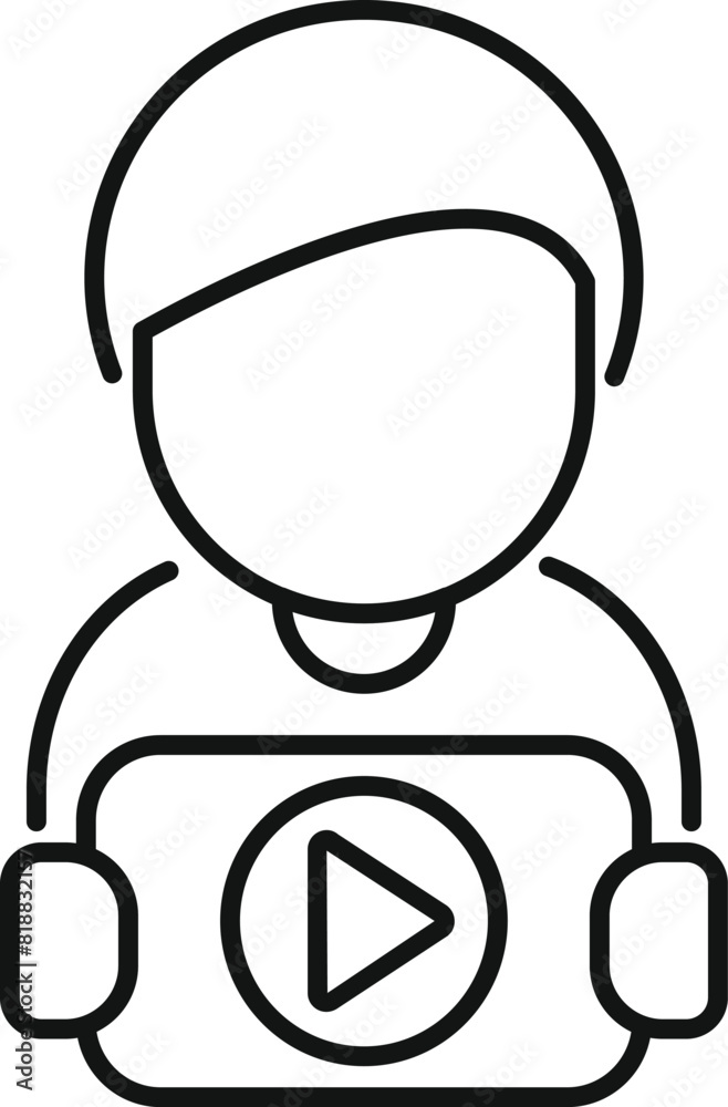 Sticker Simple line art icon representing a person with gaming headset and a play button