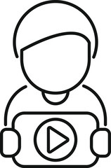 Simple line art icon representing a person with gaming headset and a play button