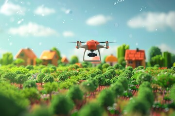 Illustrated isometric vector of modern drone technology in advanced farming highlights precision agriculture equipment for aerial view of coworker unmanned aerial vehicle.