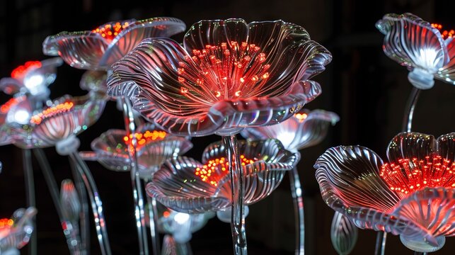 Glowing neon flower sculptures at night - Powered by Adobe