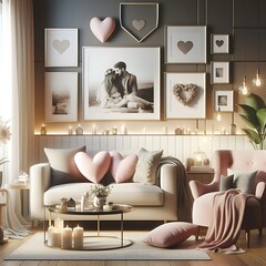 A living Room with a mockup poster empty white and with a couch and pictures on the wall art realistic meaning has illustrative.