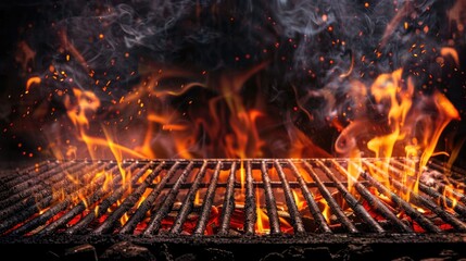 Barbecue Grill With Fire Flames, Empty Fire Grid On Black Background. Grill Background. Empty Fired Barbecue On Black