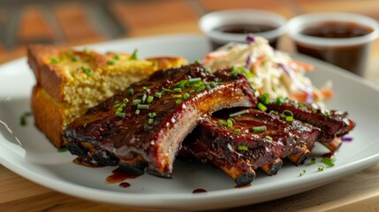 Barbecue pork ribs with a tangy sauce, served with cornbread and slaw