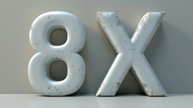 8x written in 3D. White backround. Front view.
