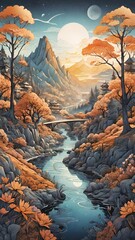 Serene Autumn Valley: A Tranquil River Flowing Under a Sunset Sky Amidst Mountains