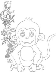 Monkey and A Floral Vine Coloring Page. Printable Coloring Worksheet for Adults and Kids. Educational Resources for School and Preschool.
