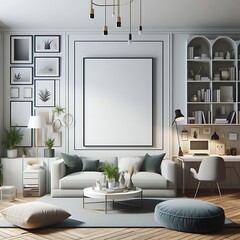 A living Room with a mockup poster empty white and with a large picture frame art realistic harmony image meaning.