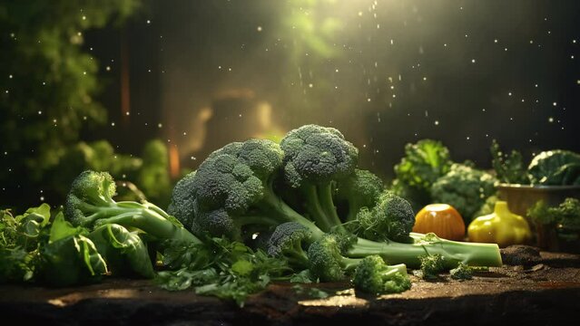 Video recreation of broccoli and vegetables in a kitchen	
