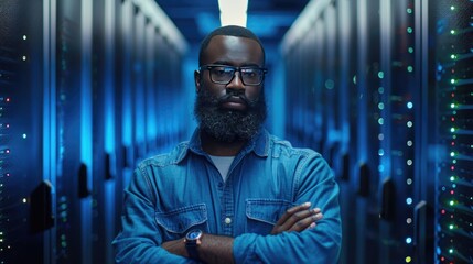 Bearded Black IT Engineer Standing and Posing with Crossed Arms in the Middle of a Working Data Center Server Room