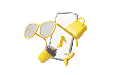 3D illustration of online shopping concept icon with mobile phone with female high heels and fashion glasses with bag with coffee mug isolated on transparent background.