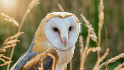 Barn owl perched in tall grass field, majestic bird of prey