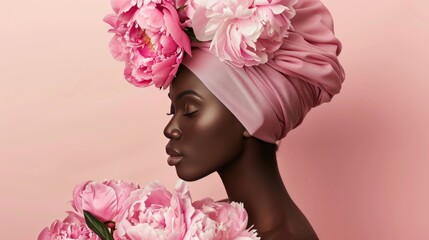 Beautiful afro woman in turban and delicate pink peonies