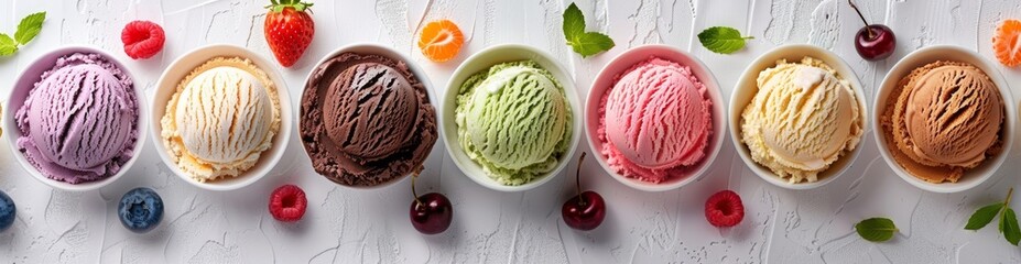 Fototapeta premium colorful ice cream and fruit and chocolate mixed with coffee beans, chocolate chips and fruit piece. A collage of different types and colors of ice cream, including chocolate, vanilla, strawberry