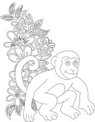 Monkey and A Floral Vine Coloring Page. Printable Coloring Worksheet for Adults and Kids. Educational Resources for School and Preschool.