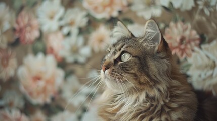 Beautiful cat on floral background, close-up. Fluffy pet.