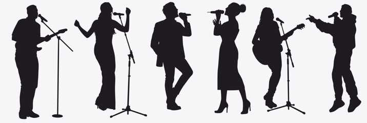 Collection of singers silhouette set. Musician, artist, drummer, keyboard, guitarist, singer, vocalist, performer, entertainer and bass guitarist. 