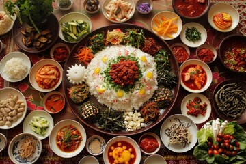 Fototapeta premium Many bowls of food on a table with a large bowl, Korean food 
