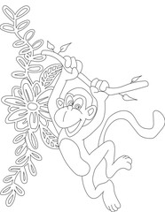 Monkey and A Floral Vine Coloring Page. Printable Coloring Worksheet for Adults and Kids. Educational Resources for School and Preschool.