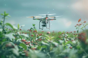 Vividly illustrated isometric vector drone technology in modern farming showcases precision agriculture equipment for aerial view of coworker unmanned aerial vehicle farm.