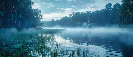 Misty Lake at Dawn, Tranquil Water Reflecting the Early Morning Sky, Peaceful and Calm