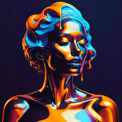 portrait of an emotionally liberated woman, a sculptural portrait of a supermodel in neon lighting, covered in liquid molten liquid. Surreal fashion concept.