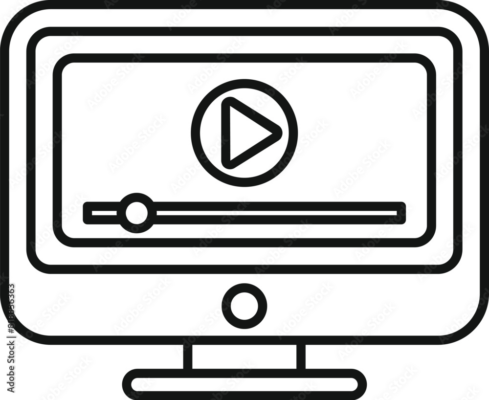 Poster line art icon of a computer monitor displaying a play button, representing digital video content