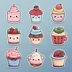 Cute and colorful kawaii dessert stickers, featuring adorable cupcakes and sweets with smiling faces, perfect for digital or print projects.