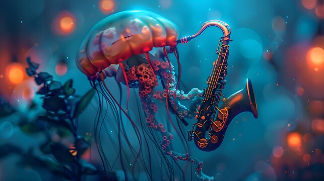 Bioluminescent Jellyfish Serenades in Ethereal Underwater Jazz Performance