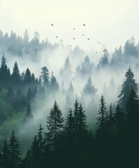 misty landscape with fir forest