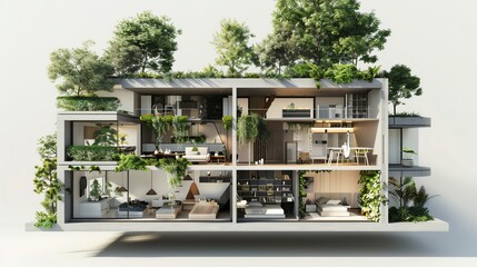 Detailed crosssection of an environmentally friendly house with smart systems and abundant plants