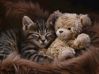 Fototapeta premium Cuddly Kitten Embracing Plush Companion in Cozy Slumber