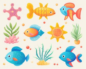 Naklejka premium illustration featuring colorful and cute cartoon fish, sea creatures, and plants in a lively underwater scene.