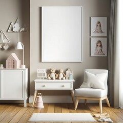 A Room with a mockup poster empty white and with a chair and a dresser art meaning used for printing illustration.