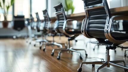 Fototapeta premium A modern meeting room with a row of black office chairs aligned neatly by a long wooden table with a blurred background