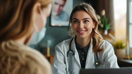 A smiling female doctor is talking to another woman.
